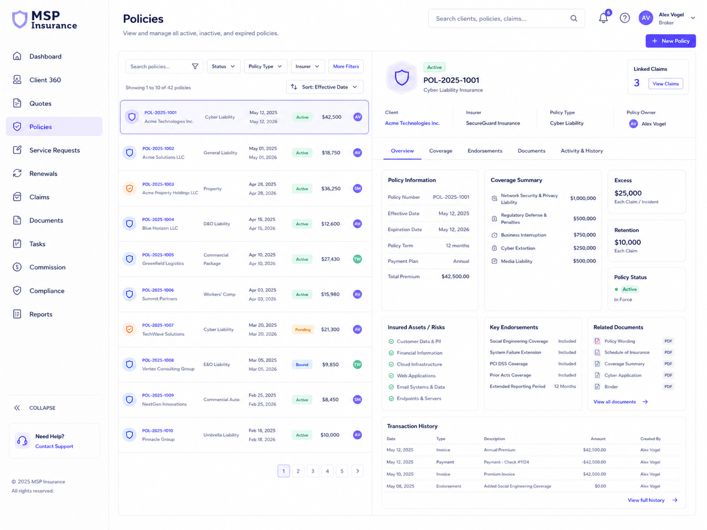 Policy management screen
